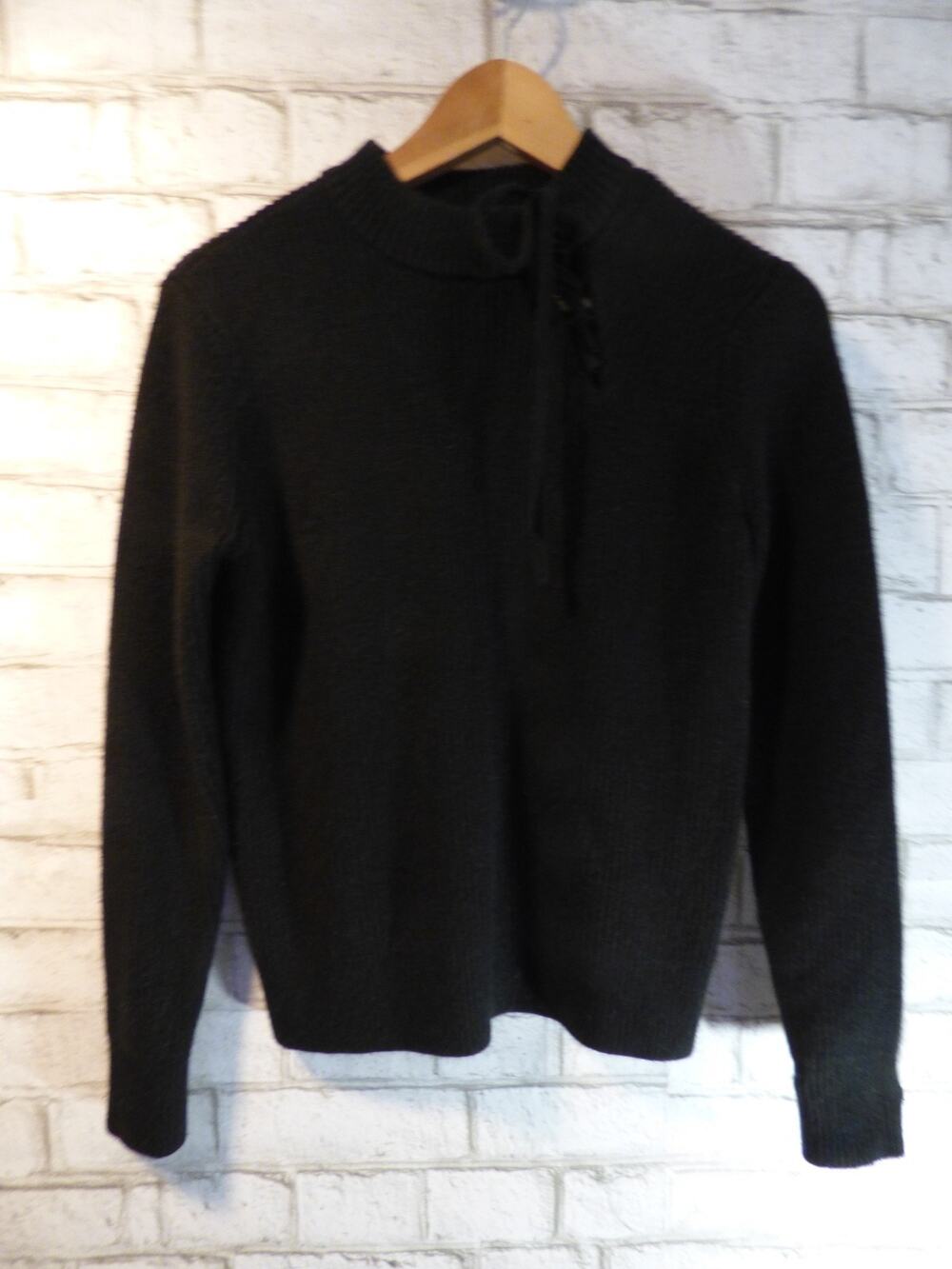 Summer & Sage Black Rib Knit Thick Sweater w/Asymmetric Lace Up Neck Small NEW